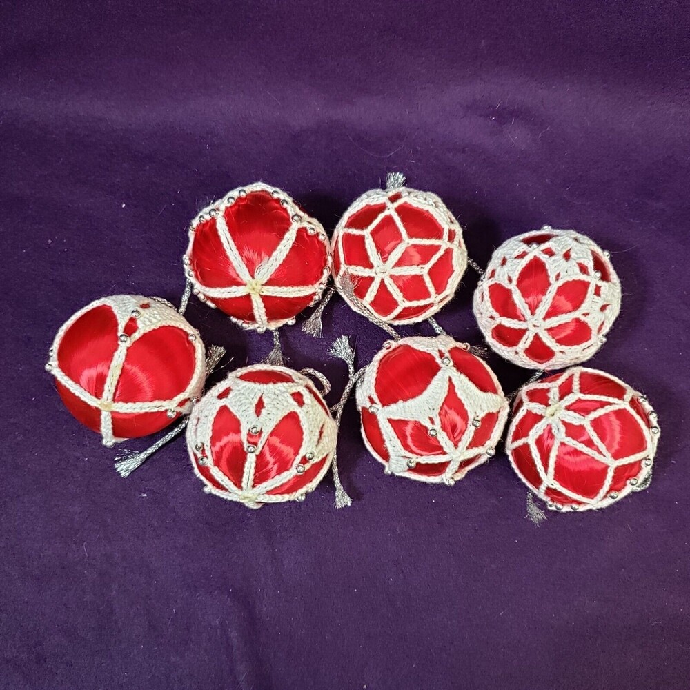 Vintage 7 Red Satin Christmas Balls w/ Hand Crocheted Coverings Ornaments 2 1/2